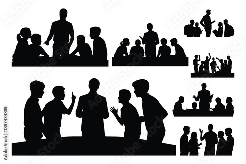 Black silhouettes of people in discussion and presentation groups