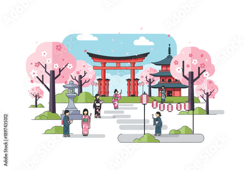 Vibrant Japanese cultural scene with traditional attire and iconic gates under blooming cherry blossoms