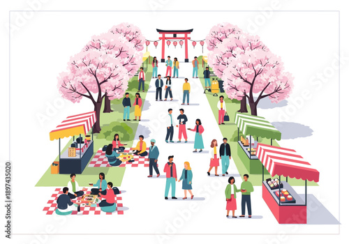 Festive springtime park gathering with people enjoying cherry blossom season and outdoor stalls