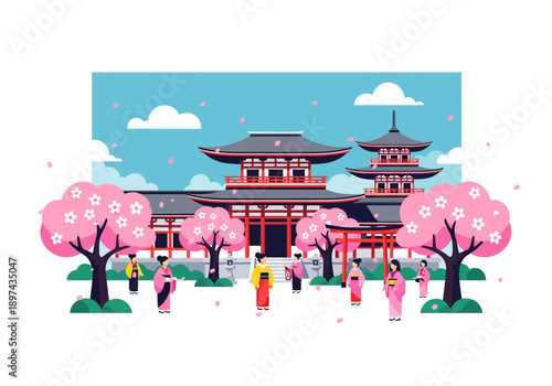 Traditional Japanese Temple surrounded by blooming cherry blossom trees and people in kimonos