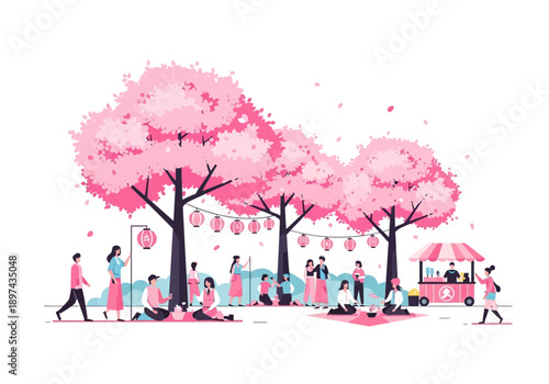 Vibrant spring festival under blooming cherry blossom trees with people enjoying outdoor picnic and cultural celebration
