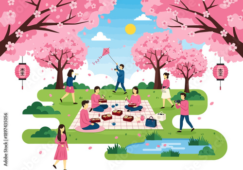 A joyous spring picnic under blooming cherry blossom trees with people enjoying outdoor activities and games