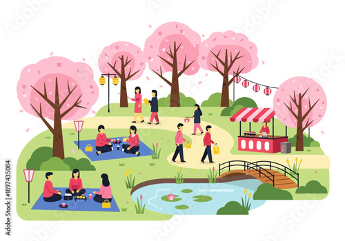 Enjoying a vibrant outdoor picnic with family and friends under blooming cherry blossom trees and a bright sunny day