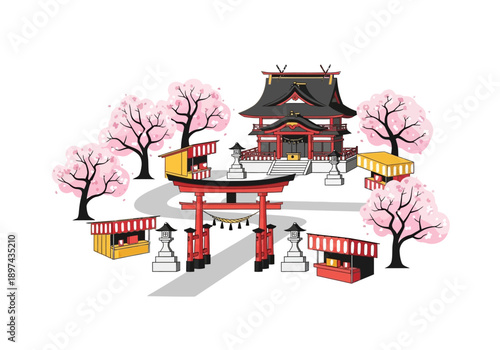 Japanese shrine and cherry blossom festival with traditional stalls