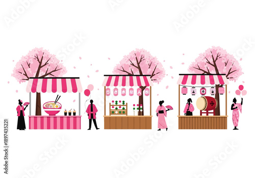 Traditional Japanese festival with food stalls and cultural elements under cherry blossoms