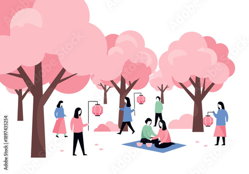 People enjoying a beautiful picnic under blooming cherry blossom trees with lanterns, a serene springtime scene