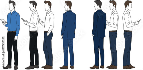 Businessman Character Design Illustration with Front Side and Back Views Showing Professional Male Using Smartphone for Corporate and Presentation Projects