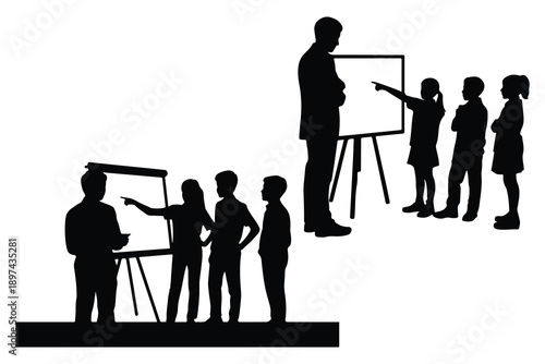 Silhouettes of people in a classroom setting pointing at a whiteboard