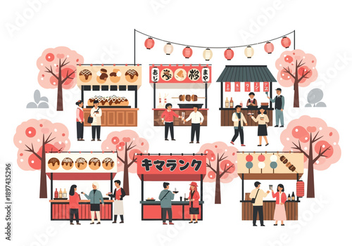 A lively Japanese street food festival scene with food stalls and cherry blossoms