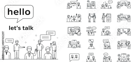 Chat Conversation and Business Communication Line Illustration Set with People Talking, Messaging Icons, Social Interaction Scenes, and Digital Dialogue Concepts