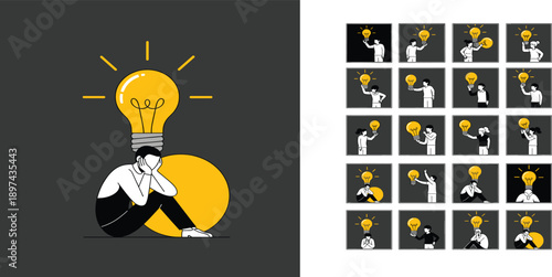 Creative Idea and Innovation Concept Illustration Set with Thinking Person and Light Bulb Symbols for Inspiration Problem Solving and Brainstorming Designs
