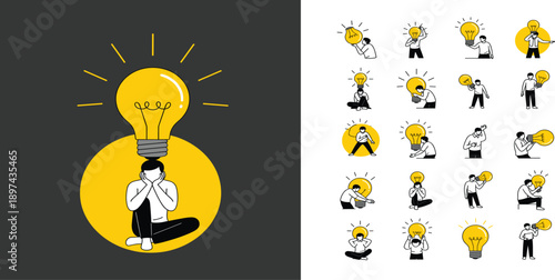 Creative Thinking and Innovation Illustration Set with Person and Light Bulb Symbols for Ideas Brainstorming Problem Solving and Inspiration Concepts