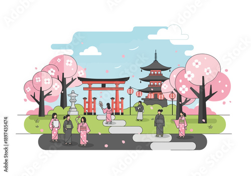 Illustration of people viewing a traditional Japanese temple with a torii gate and pagoda surrounded by blooming cherry blossoms