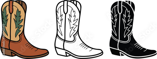 Cowboy boot silhouette & Outline and illustration set isolated on transparent background