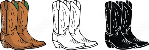 Cowboy boot silhouette & Outline and illustration set isolated on transparent background