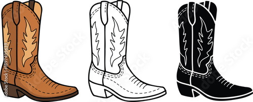 Cowboy boot silhouette & Outline and illustration set isolated on transparent background