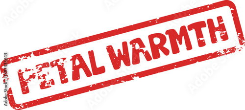 Textured red rubber stamp mark conveying the inviting phrase Petal Warmth for cozy designs