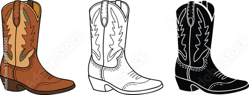 Cowboy boot silhouette & Outline and illustration set isolated on transparent background