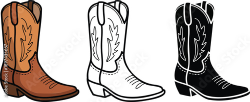 Cowboy boot silhouette & Outline and illustration set isolated on transparent background
