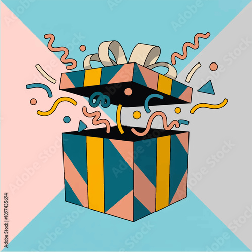 A flat vector illustration of an open 3D gift box with a white bow, from which geometric patterns emerge.