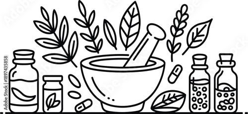 Herbal Medicine and Natural Pharmacy Concept Illustration with Mortar Pestle Bottles Leaves Supplements and Organic Treatment Elements