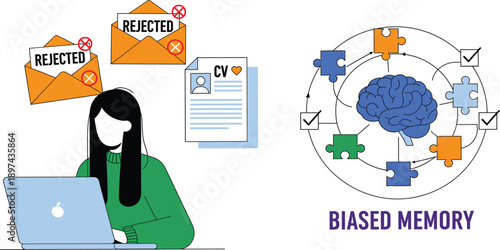 Hiring Bias and Rejection Concept Illustration Showing Biased Memory, Job Application Denial, Resume Screening, and Cognitive Decision Making in Recruitment Processes