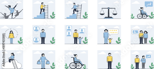 Human Life Situations and Social Scenarios Illustration Set Showing Equality, Accessibility, Personal Growth, Family, Justice, and Everyday Activities Concepts