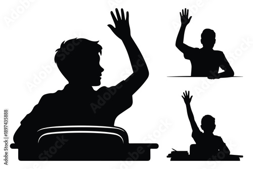Three black silhouette students raising hands at desks