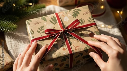 Opening a Festive Gift Wrapped in Seasonal Paper and Ribbon