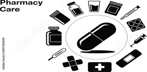 Pharmacy Care Silhouette Icon Set with Pills Capsules Syringes Bottles and Medical Treatment Symbols for Healthcare Design