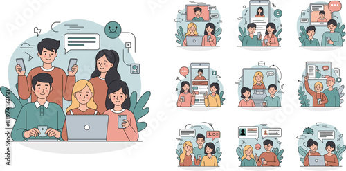 Online Communication and Social Media Interaction Concept Illustration Set with Group Chat Video Call Messaging and Digital Community Engagement Scenes