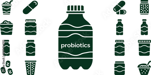 Probiotics and Gut Health Icon Set with Bottles Capsules Yogurt Supplements and Fermented Food Symbols for Nutrition and Wellness Design