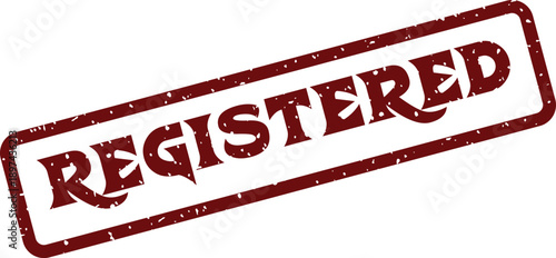 Distinct red rubber stamp with distressed texture showing the word REGISTERED on a white background