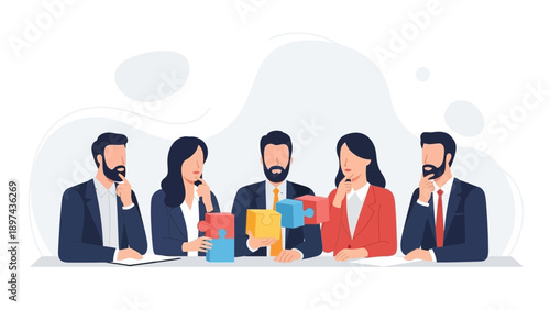 Diverse team solving puzzle, business strategy and cooperation concept