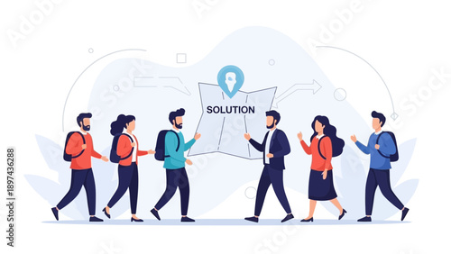 Diverse Team Finding Solution Together With Map, Business Strategy Concept