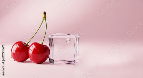 Two cherries leaning on clear ice cube, freshness and coolness contrast for beverage branding and summer wellness visuals