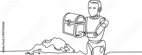 Single continuous line drawing robot standing near digging hole and holding chest treasure. Robotic artificial intelligence. Electronic technology industry. one line Icon drawing
