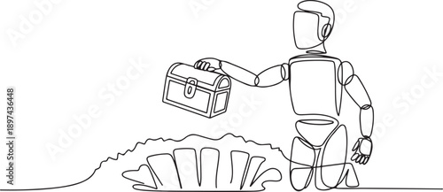 Single continuous line drawing robot standing near digging hole and holding chest treasure. Robotic artificial intelligence. Electronic technology industry. one line Icon drawing