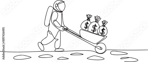 Continuous one line drawing astronaut push wheelbarrow with money bags in moon surface. Reward or profit after space exploration. one line Icon drawing