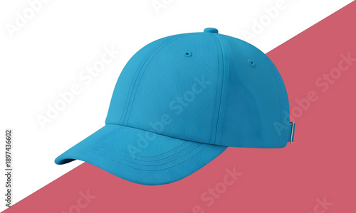 A vibrant blue baseball cap on a contrasting red and white background
