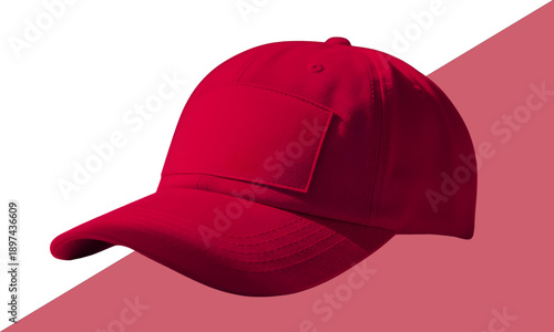Vibrant red baseball cap on diagonal background