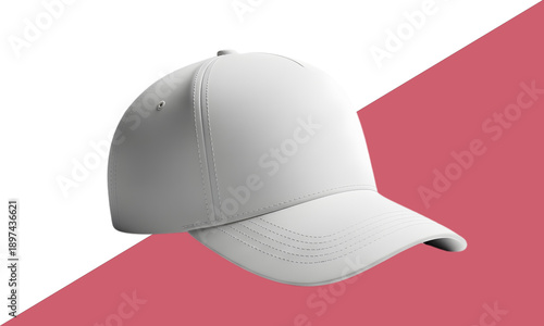 A white baseball cap with a curved brim on a pink and white background