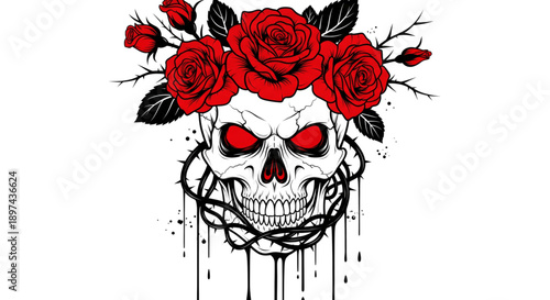 Gothic Skull with Red Roses and Thorns for Dark Art, Tattoo Design, Horror Graphics, and Edgy Apparel