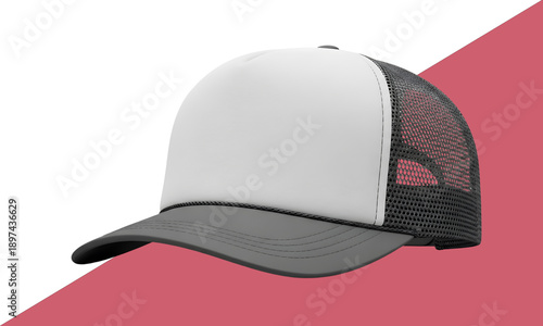 A white and gray baseball cap with a black mesh back and curved brim on a pink and white background