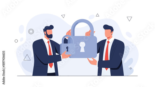 Businessmen holding a padlock, symbolizing security, protection, and data privacy