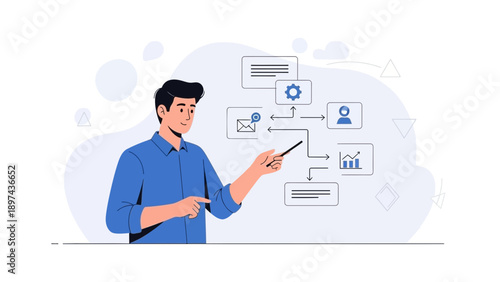 Man Presenting Process Flowchart with Icons and Analytics