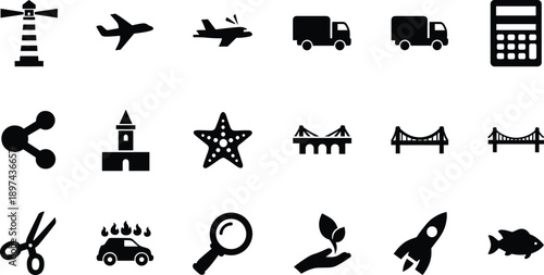 A diverse collection of flat black and white vector icons featuring transport, technology, nature, infrastructure, and tools for multipurpose graphic design projects.