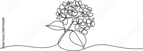 Single continuous line drawing beauty fresh hortensia for home wall decor art poster print. Decorative hydrangea flower concept. one line Icon drawing