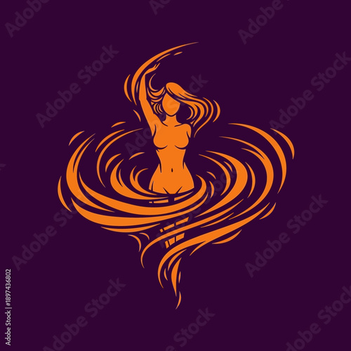 Abstract illustration of a woman in a swirling liquid.