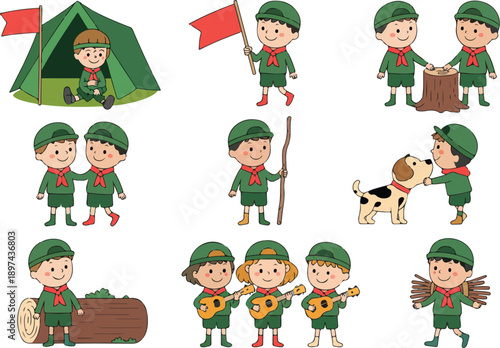 A cartoon illustration of a scout-themed scene with multiple scenes arranged in a 3x3 grid.